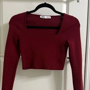 Zara Burgundy Long-Sleeve Square-Neck Crop Top